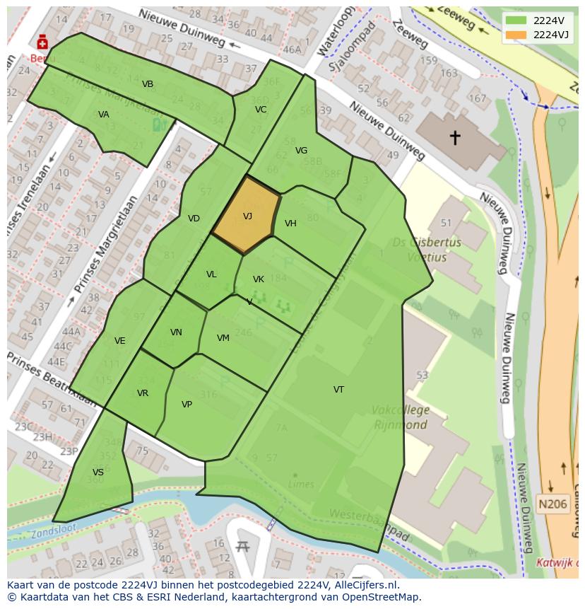 Afbeelding van het postcodegebied 2224 VJ op de kaart.