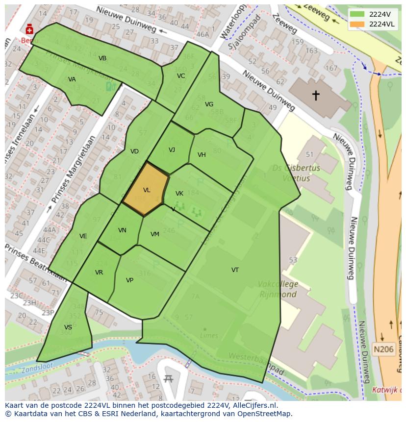 Afbeelding van het postcodegebied 2224 VL op de kaart.