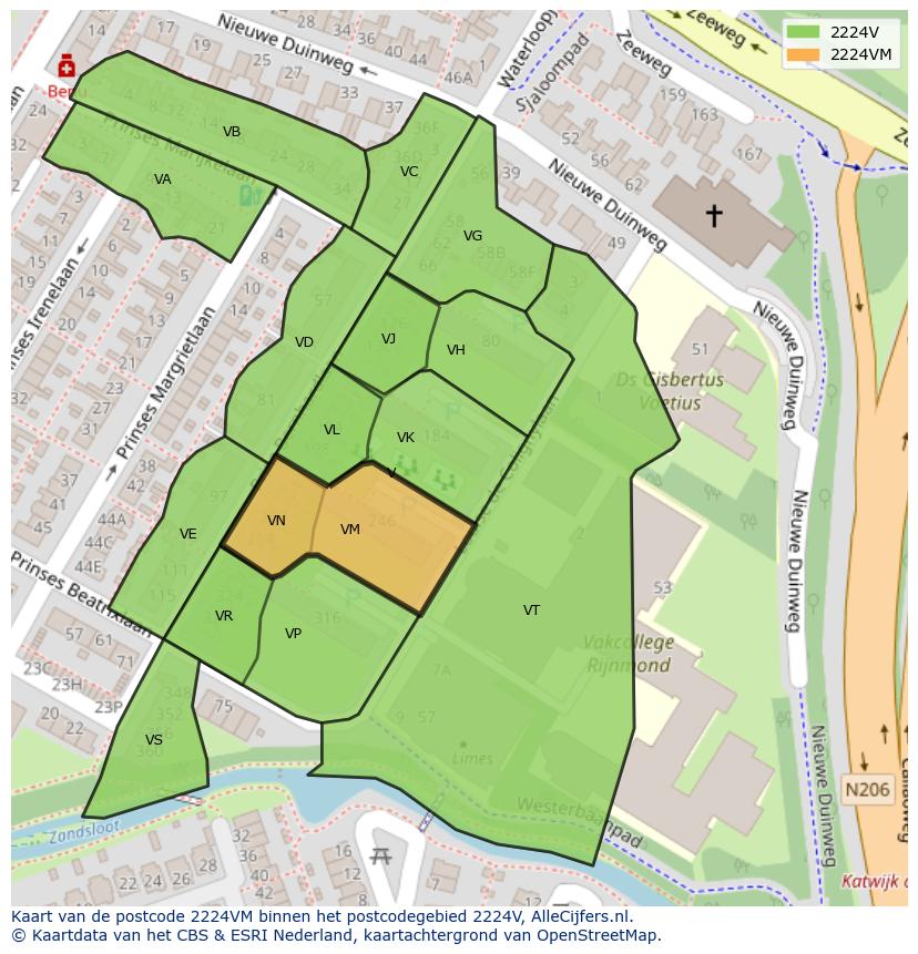 Afbeelding van het postcodegebied 2224 VM op de kaart.