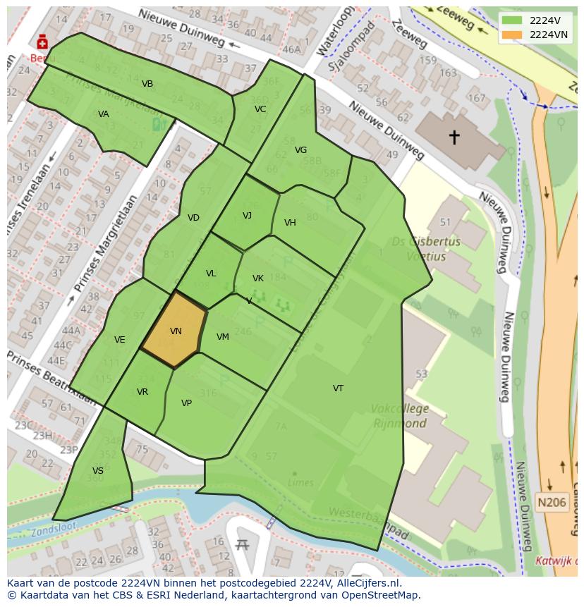 Afbeelding van het postcodegebied 2224 VN op de kaart.