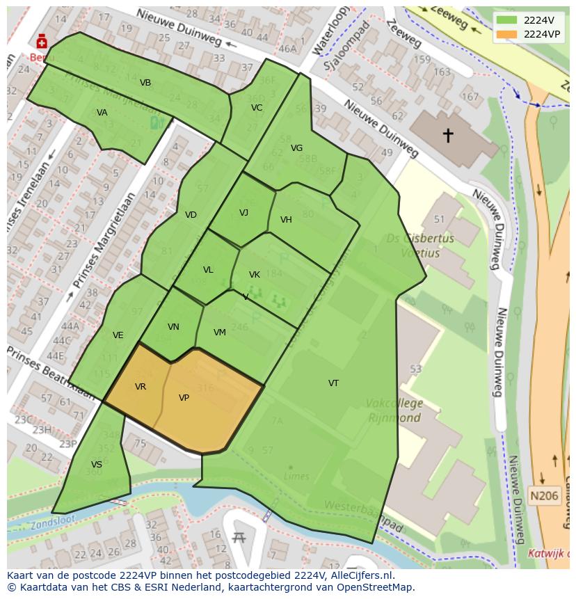 Afbeelding van het postcodegebied 2224 VP op de kaart.