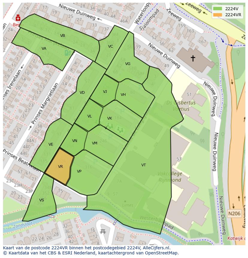 Afbeelding van het postcodegebied 2224 VR op de kaart.