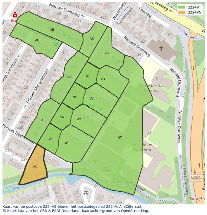 Afbeelding van het postcodegebied 2224 VS op de kaart.