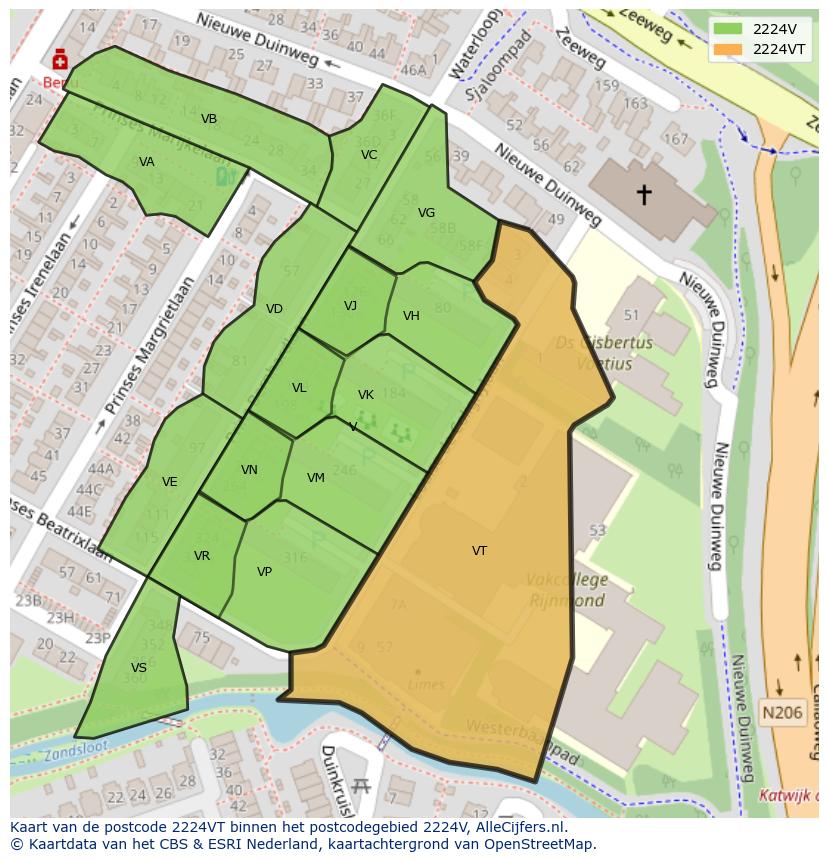Afbeelding van het postcodegebied 2224 VT op de kaart.