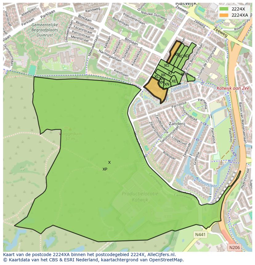 Afbeelding van het postcodegebied 2224 XA op de kaart.