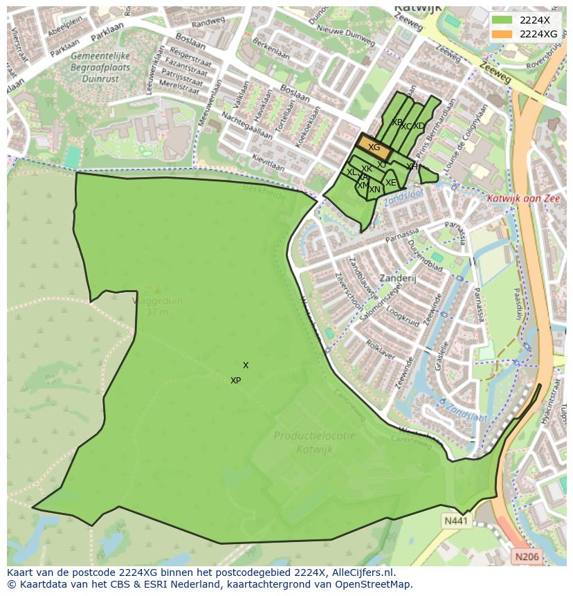 Afbeelding van het postcodegebied 2224 XG op de kaart.