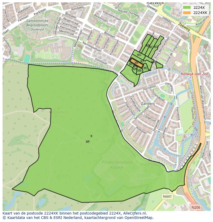 Afbeelding van het postcodegebied 2224 XK op de kaart.