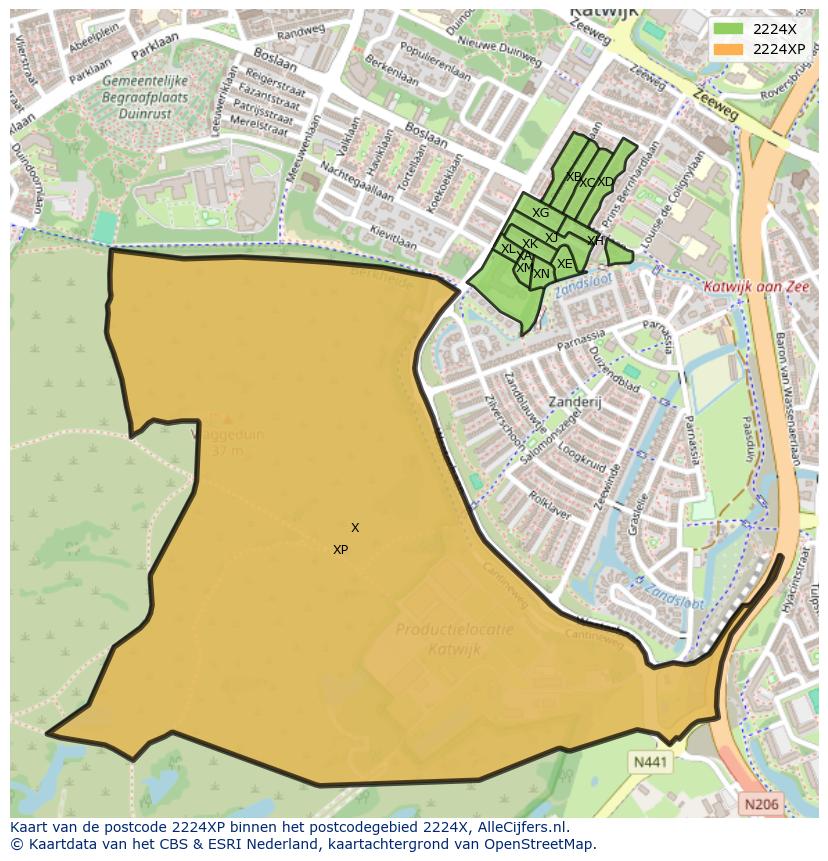 Afbeelding van het postcodegebied 2224 XP op de kaart.