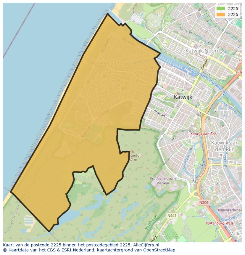 Afbeelding van het postcodegebied 2225 op de kaart.