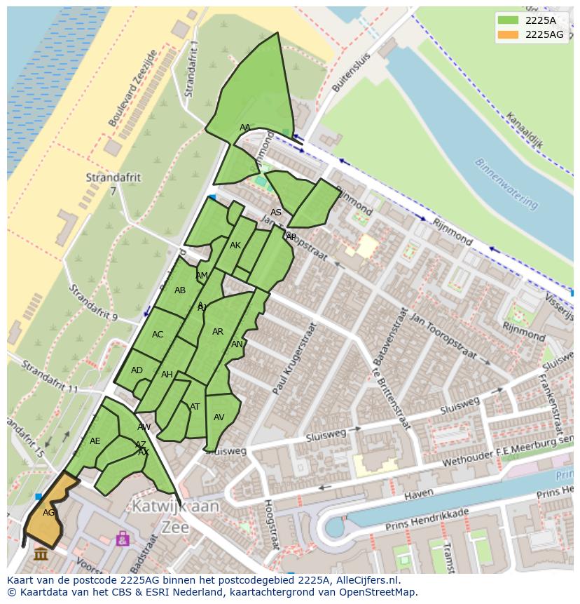 Afbeelding van het postcodegebied 2225 AG op de kaart.