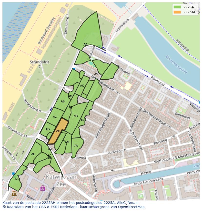 Afbeelding van het postcodegebied 2225 AH op de kaart.