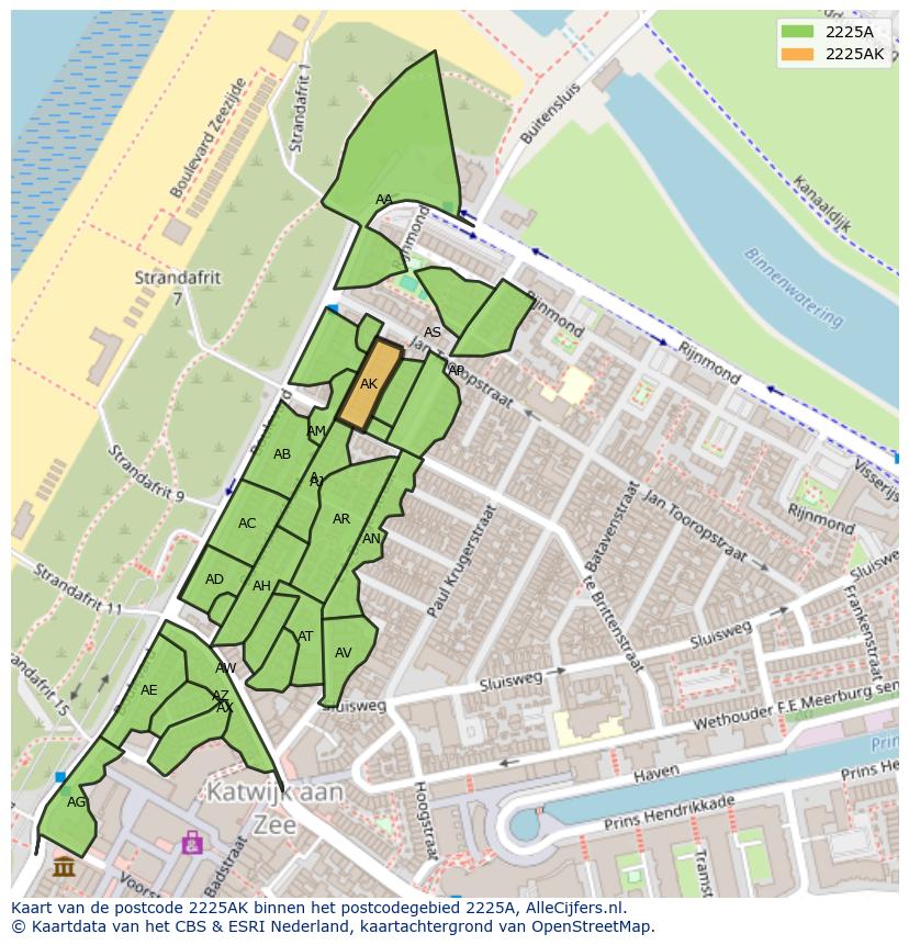 Afbeelding van het postcodegebied 2225 AK op de kaart.