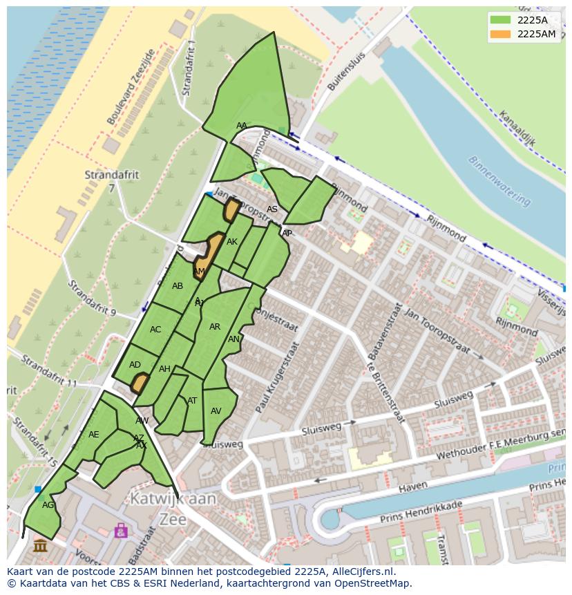 Afbeelding van het postcodegebied 2225 AM op de kaart.