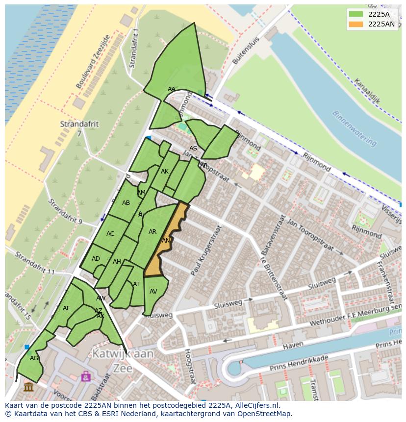 Afbeelding van het postcodegebied 2225 AN op de kaart.