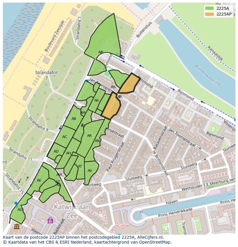 Afbeelding van het postcodegebied 2225 AP op de kaart.