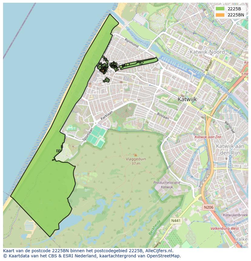 Afbeelding van het postcodegebied 2225 BN op de kaart.