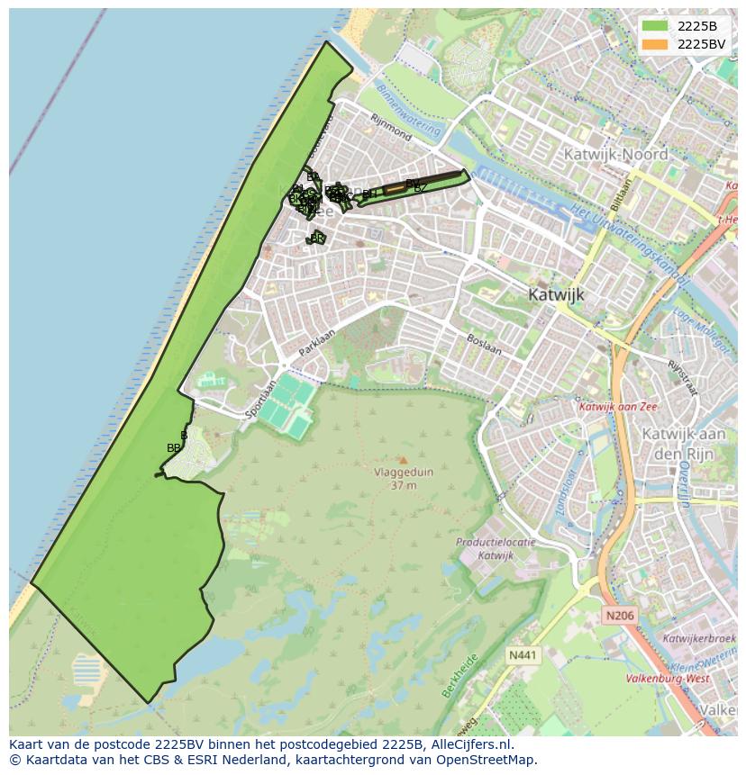 Afbeelding van het postcodegebied 2225 BV op de kaart.