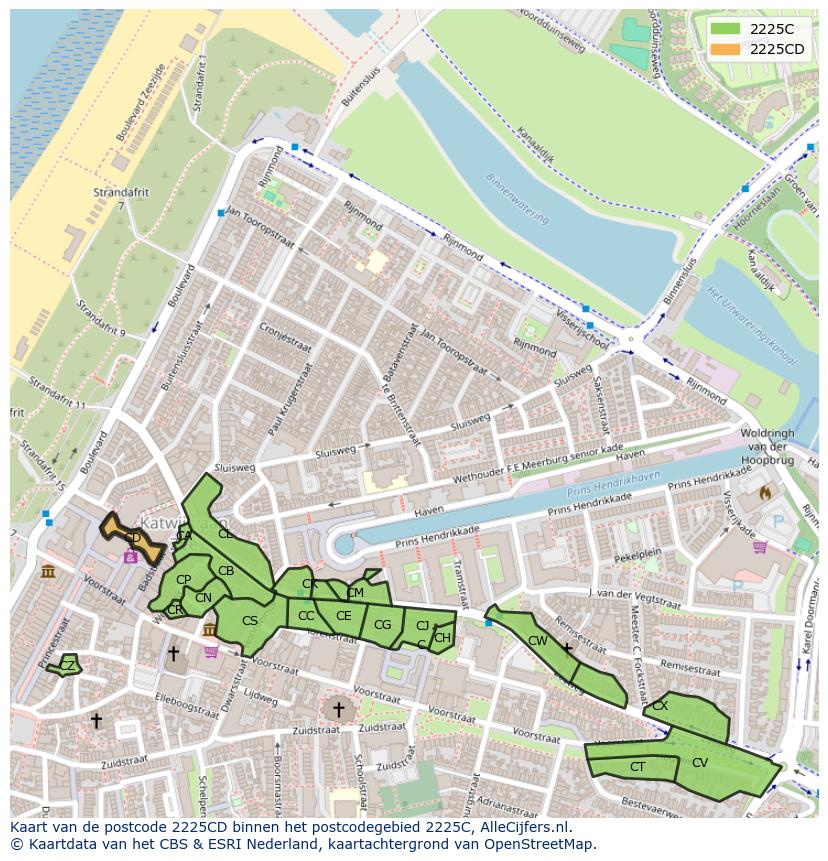 Afbeelding van het postcodegebied 2225 CD op de kaart.