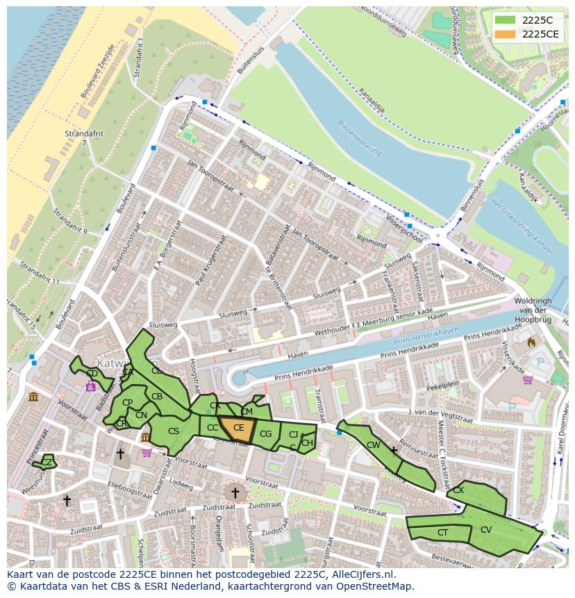 Afbeelding van het postcodegebied 2225 CE op de kaart.