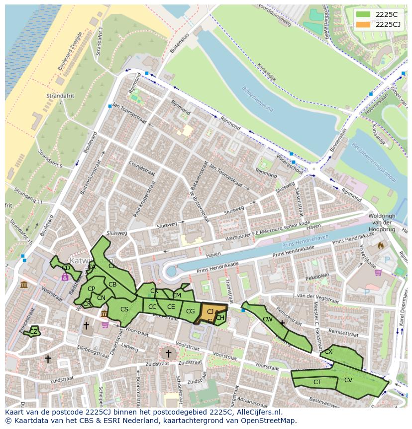 Afbeelding van het postcodegebied 2225 CJ op de kaart.