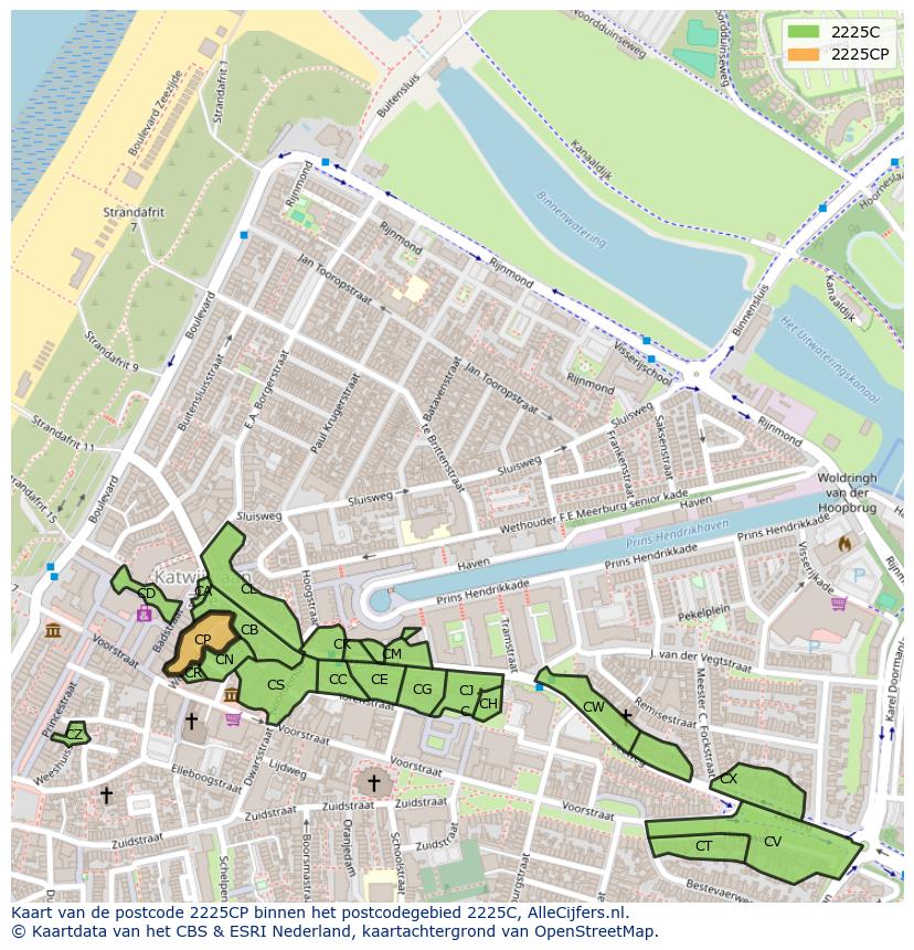 Afbeelding van het postcodegebied 2225 CP op de kaart.