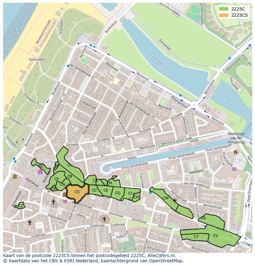 Afbeelding van het postcodegebied 2225 CS op de kaart.