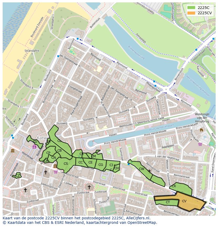 Afbeelding van het postcodegebied 2225 CV op de kaart.