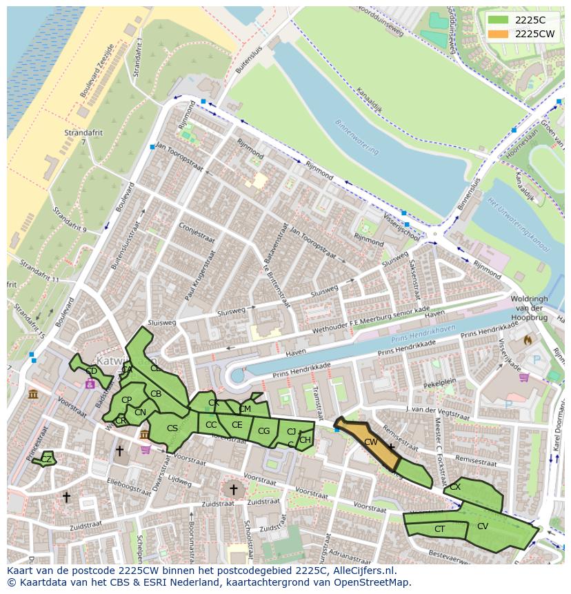 Afbeelding van het postcodegebied 2225 CW op de kaart.