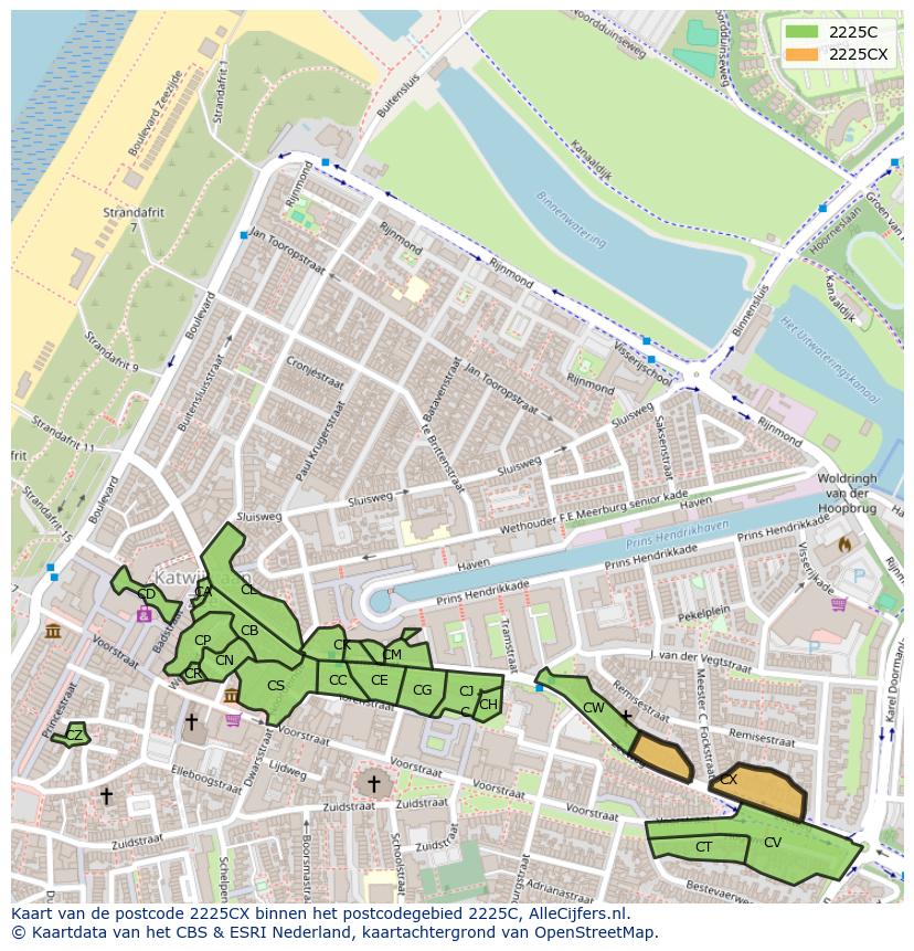 Afbeelding van het postcodegebied 2225 CX op de kaart.