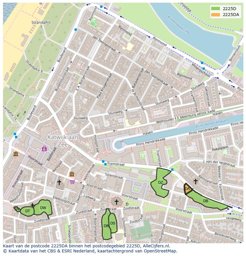 Afbeelding van het postcodegebied 2225 DA op de kaart.
