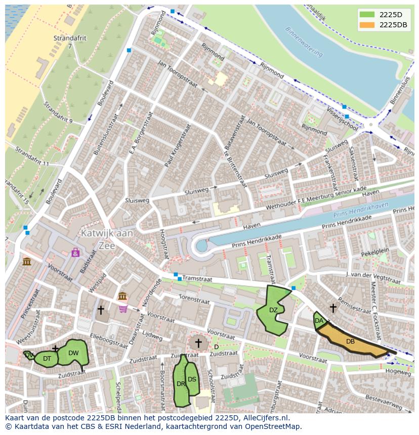 Afbeelding van het postcodegebied 2225 DB op de kaart.