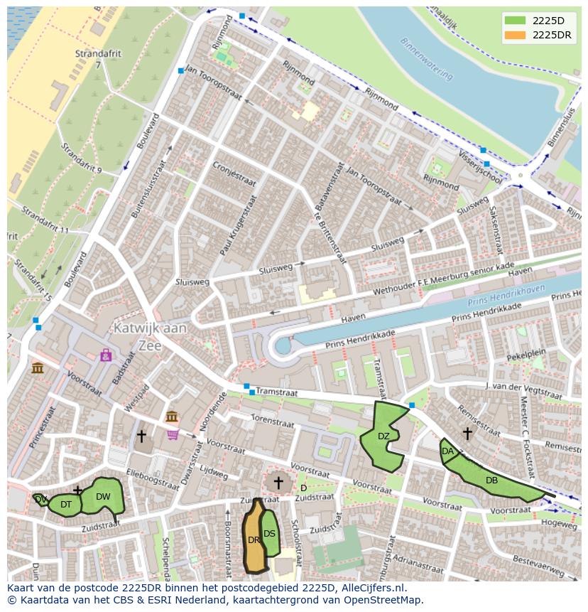 Afbeelding van het postcodegebied 2225 DR op de kaart.