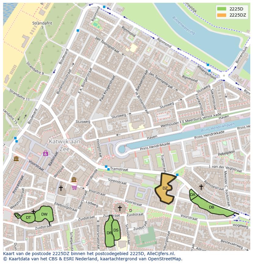 Afbeelding van het postcodegebied 2225 DZ op de kaart.