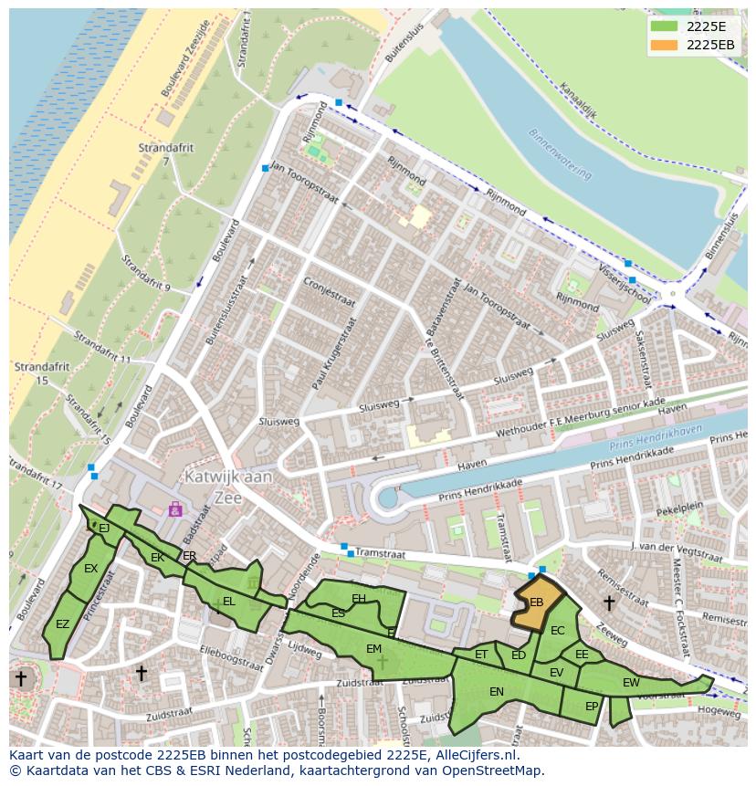 Afbeelding van het postcodegebied 2225 EB op de kaart.
