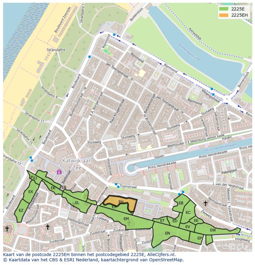 Afbeelding van het postcodegebied 2225 EH op de kaart.