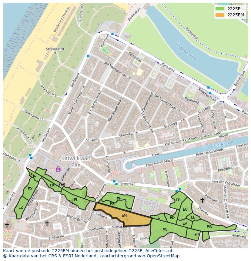 Afbeelding van het postcodegebied 2225 EM op de kaart.