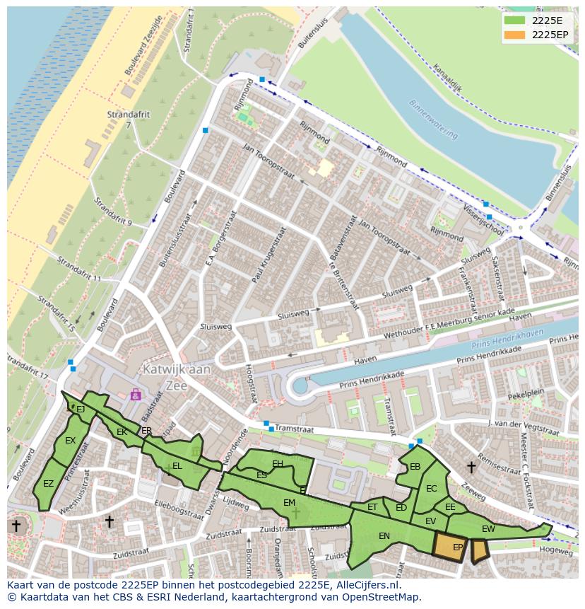 Afbeelding van het postcodegebied 2225 EP op de kaart.