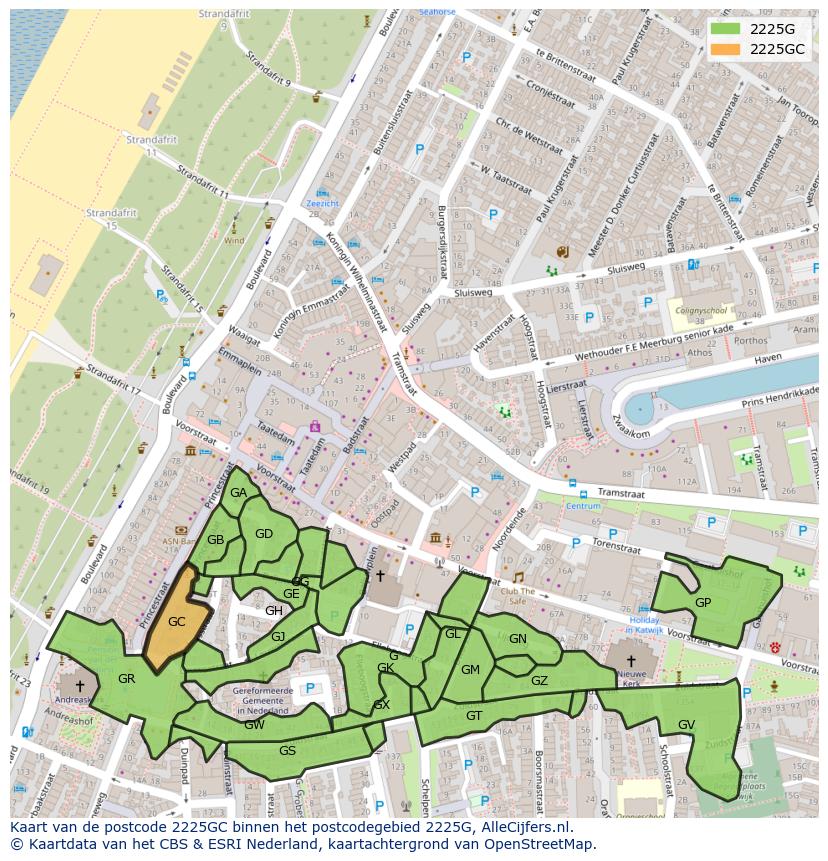 Afbeelding van het postcodegebied 2225 GC op de kaart.
