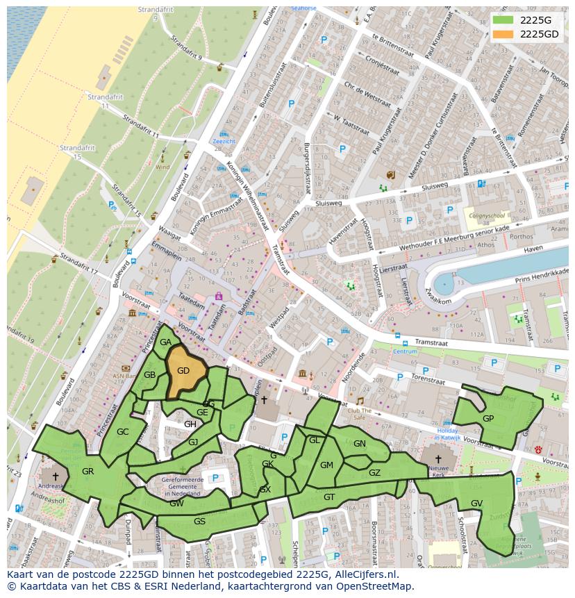 Afbeelding van het postcodegebied 2225 GD op de kaart.