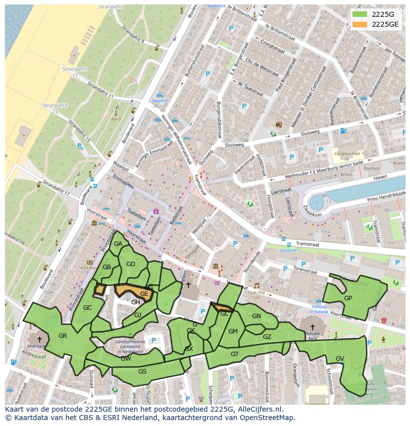 Afbeelding van het postcodegebied 2225 GE op de kaart.