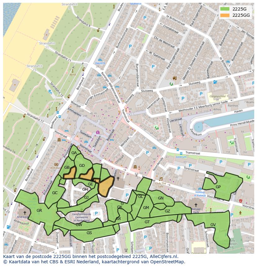 Afbeelding van het postcodegebied 2225 GG op de kaart.