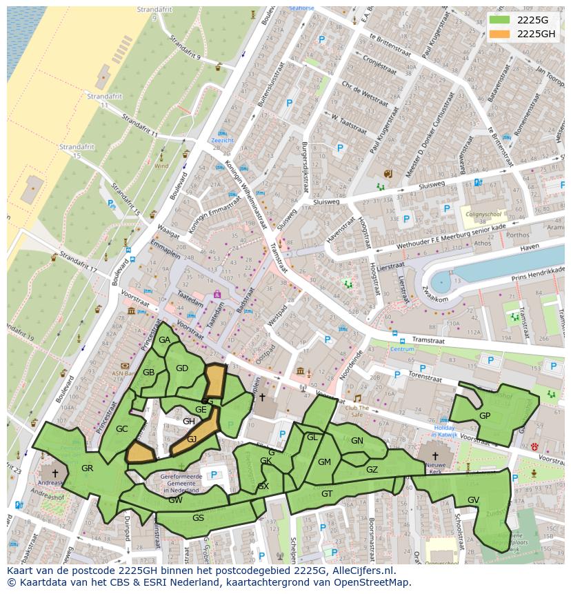 Afbeelding van het postcodegebied 2225 GH op de kaart.