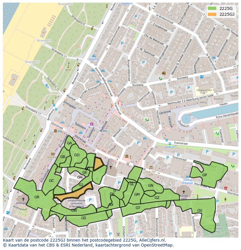 Afbeelding van het postcodegebied 2225 GJ op de kaart.