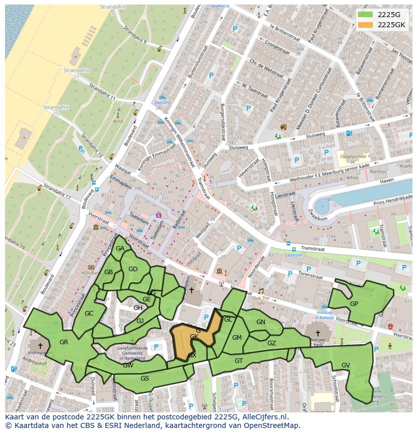 Afbeelding van het postcodegebied 2225 GK op de kaart.