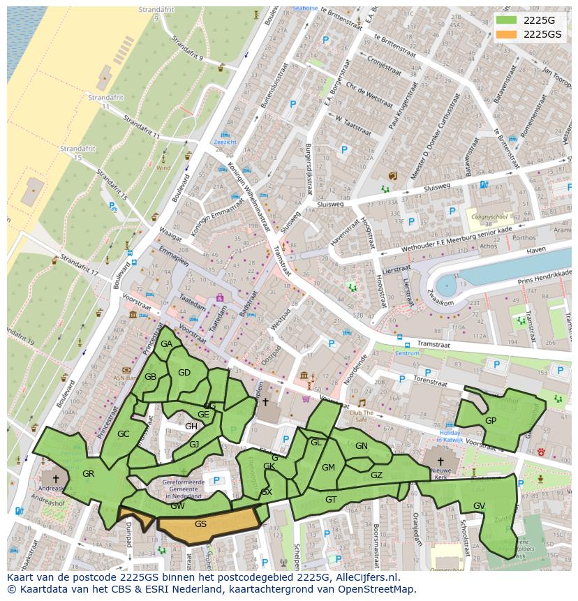 Afbeelding van het postcodegebied 2225 GS op de kaart.