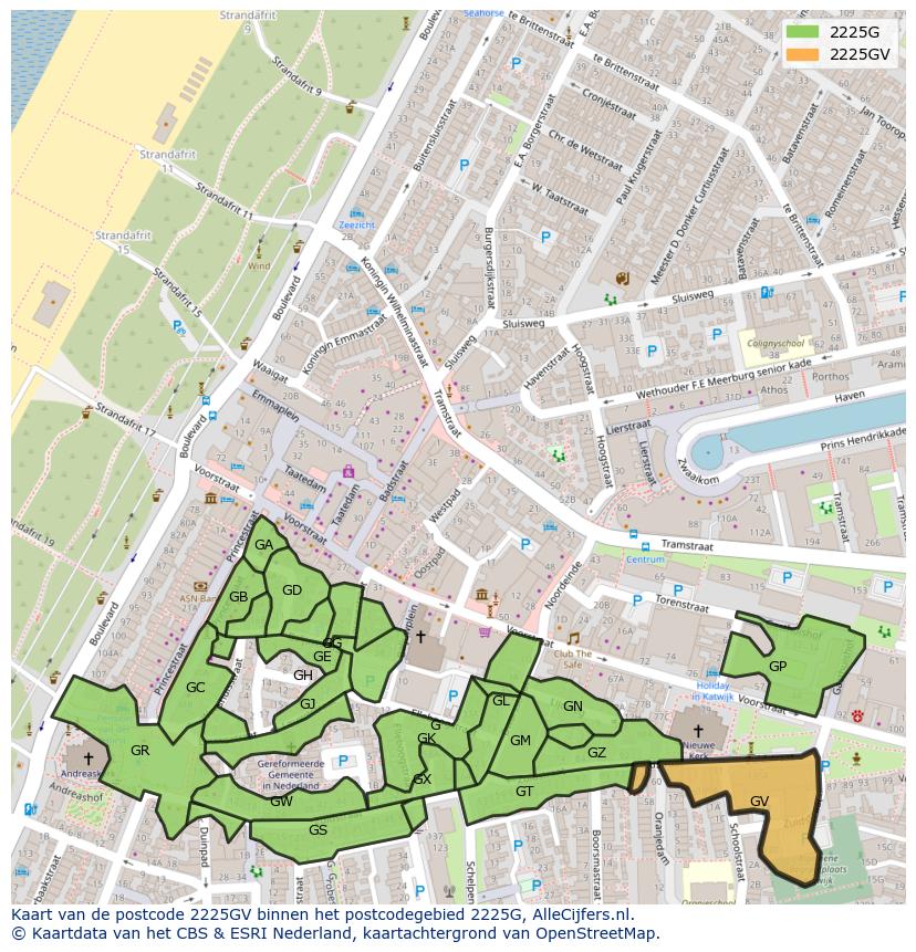 Afbeelding van het postcodegebied 2225 GV op de kaart.