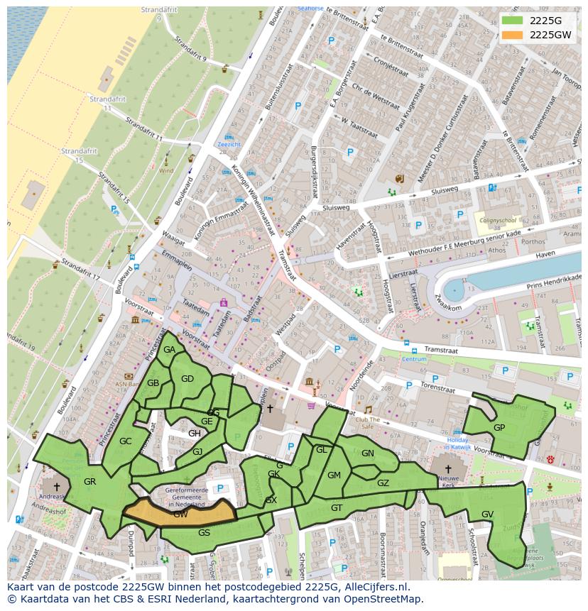Afbeelding van het postcodegebied 2225 GW op de kaart.