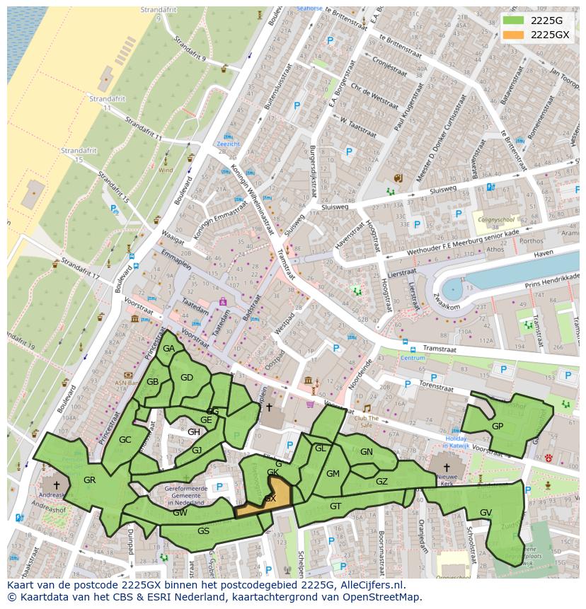 Afbeelding van het postcodegebied 2225 GX op de kaart.