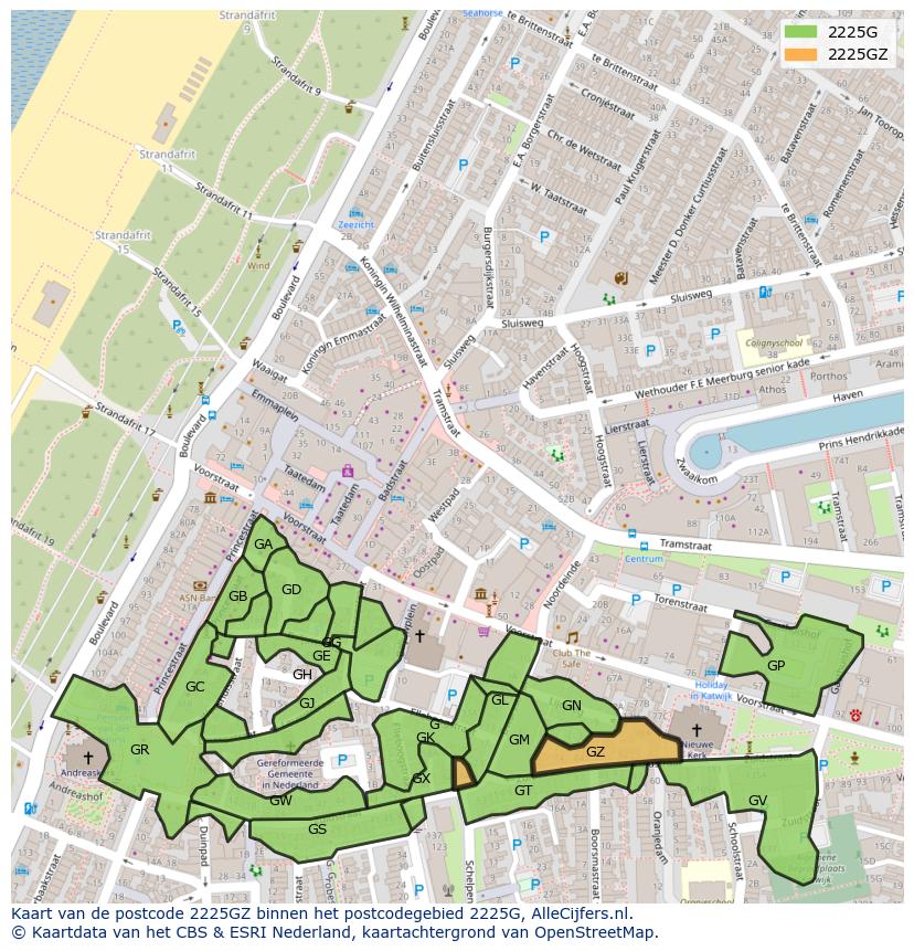 Afbeelding van het postcodegebied 2225 GZ op de kaart.