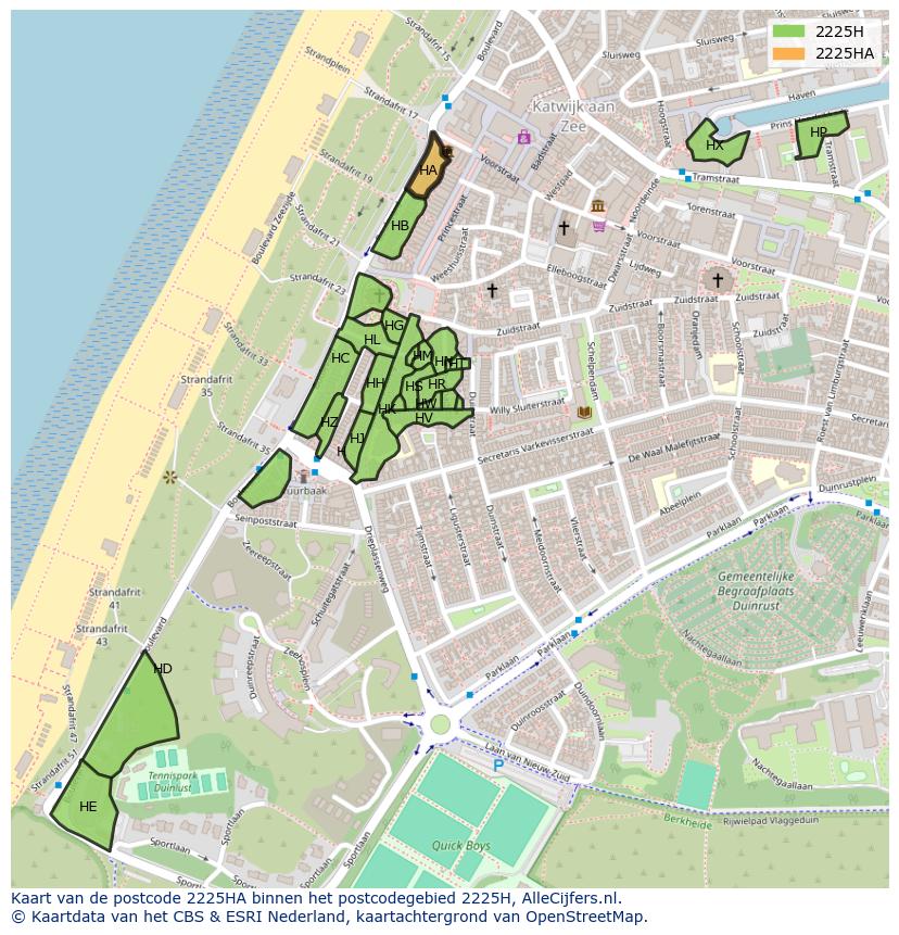 Afbeelding van het postcodegebied 2225 HA op de kaart.